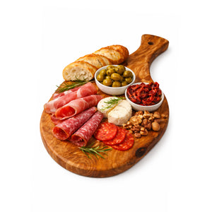 PASTERKAMP Rustikales Servier- & Schneidebrett aus Olivenholz mit Griff - 24-28 cm